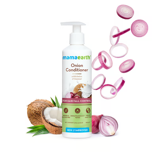 Mamaearth onion conditioner with onion background