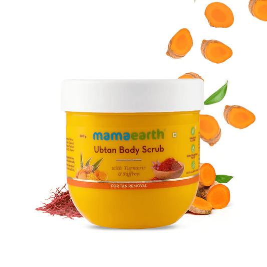 Mamaearth ubtan body scrub with with turmeric and saffron background
